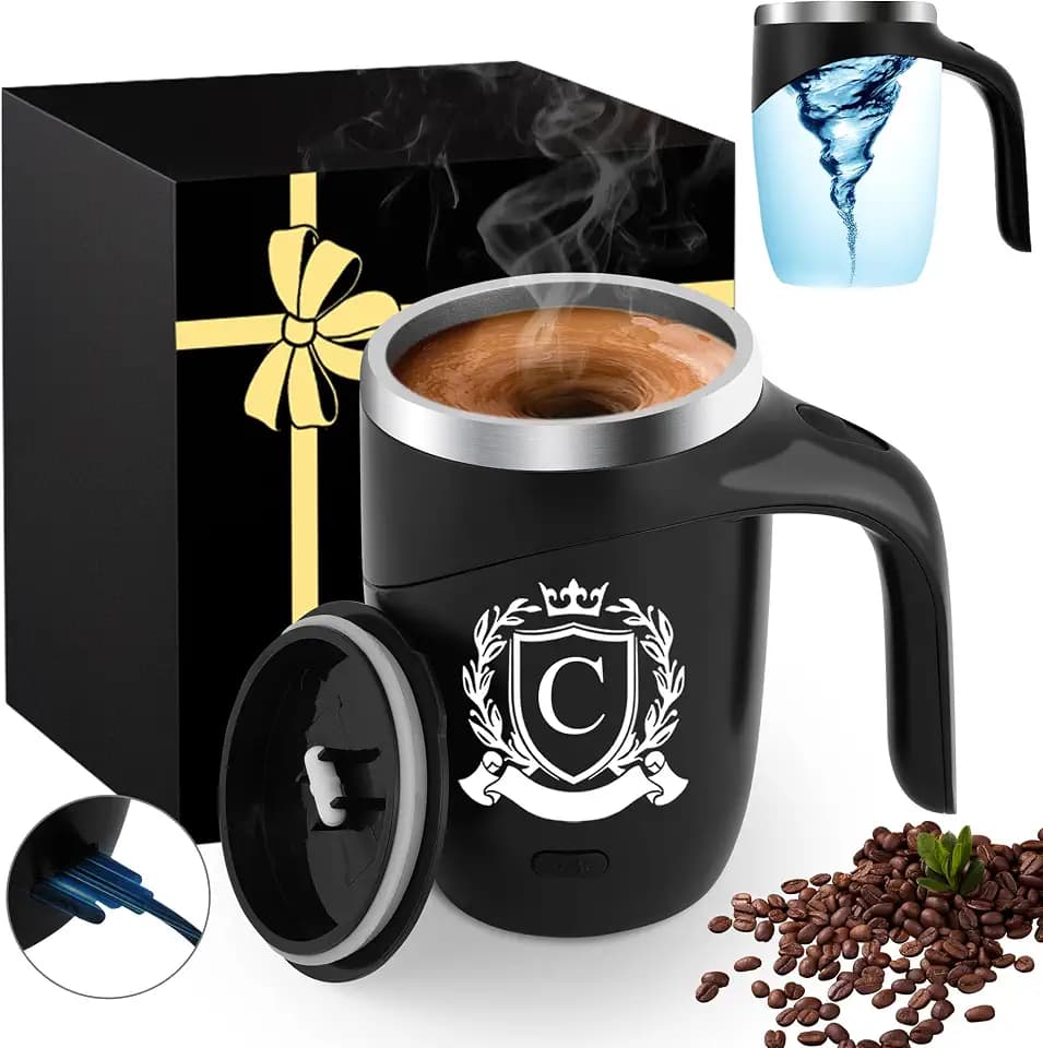 Initial Magnetic Stirring Coffee Mug Stainless Insulated Cup Men Him Boyfriend Bf Fiance Mr 1 Year First Anniversary Meaningful Unique Romantic Xmas Valentines Custom Day Personalized Initial Gift,C