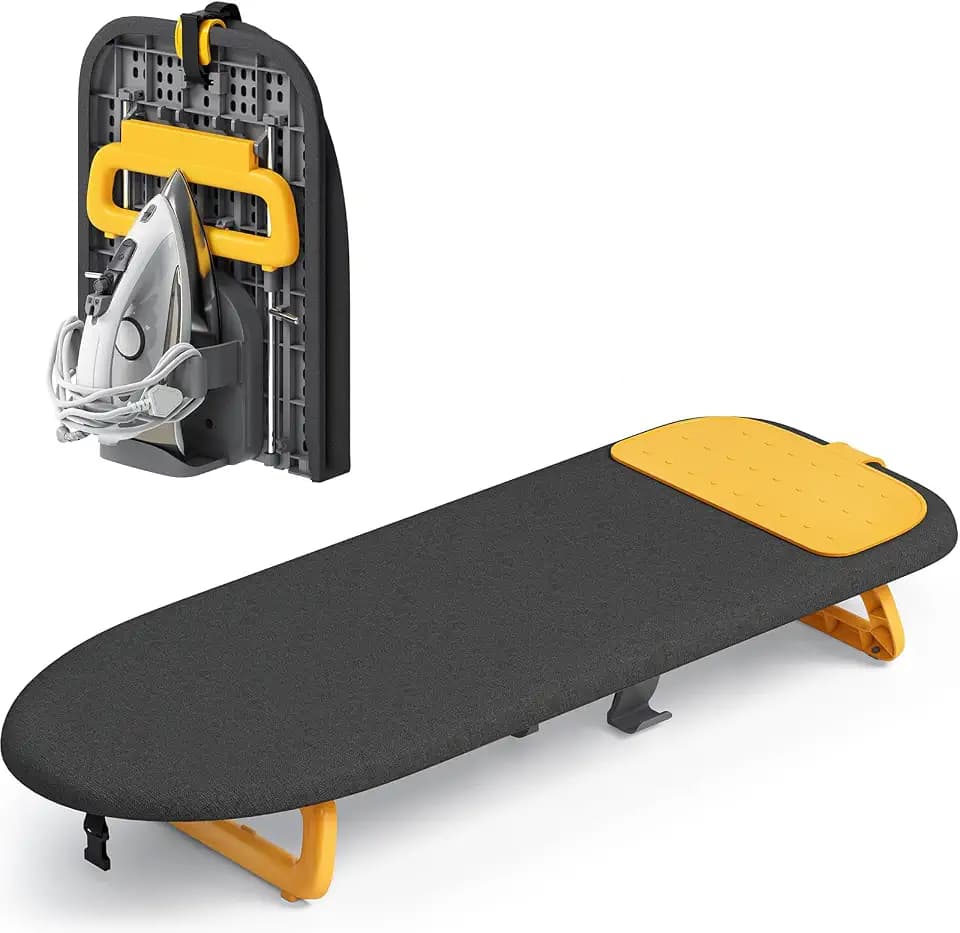 KINGBOARD Small Ironing Board with Iron Holder,12x32 Black & Orange