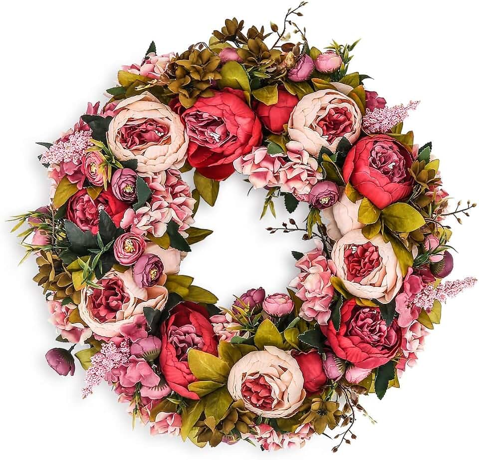 BOMAROLAN Artificial Peony Flower Wreath 19Inch Vintage Blooming Silk Peonies Spring Summer Fall Winter Large Wreaths Flower Green Leaves for Outdoor Front Door Indoor Wedding Wall Or Window Décor