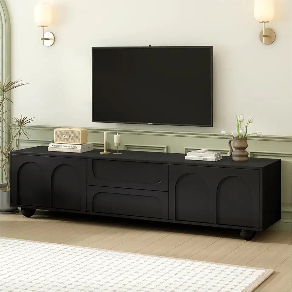 Merax Cream Style TV Stand with Arched Doors & 2 Drawers for TVs up to 75", Minimalist Media Console with Rebound Device, Entertainment Center with 5 Iron Round Legs for Living Room, Bedroom, Black