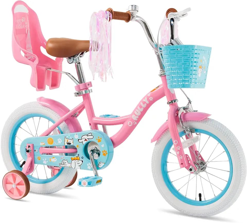 RULLY 12 14 16 Inch Girls Bike with Doll Seat Basket and Training Wheels for 2-6 Years Children