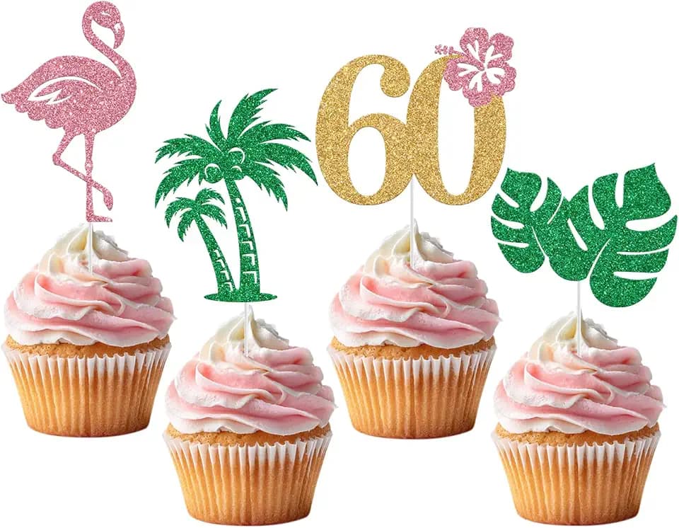 Aloha 60 Cupcake Topper, Hawaiian 60th Birthday Decorations, Flock I'm 60, Summer Tropical 60th Birthday Party Decorations 20pcs