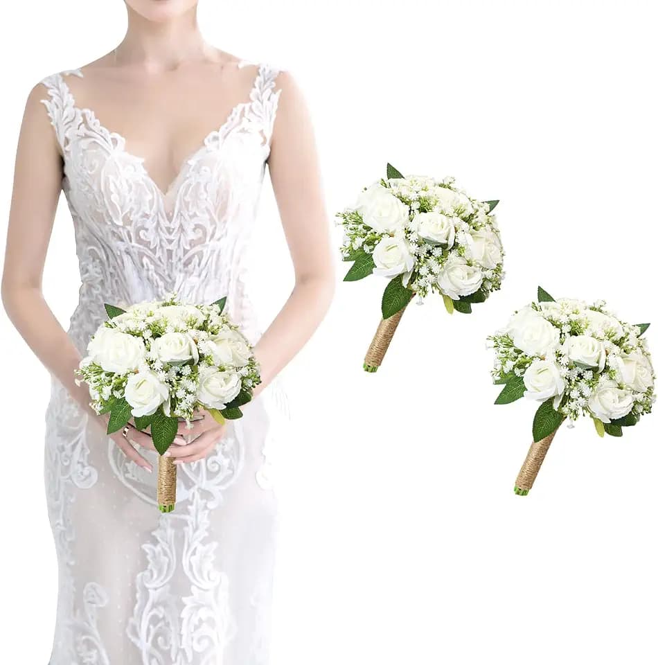 Bridesmaid Bouquet White Wedding Flowers Bouquets Set of 2 - Artificial Rose and Baby's Breath Rustic Small Floral Bouquet for Bridesmaid Fake Sage Green Boho 7 inch Wedding Decor