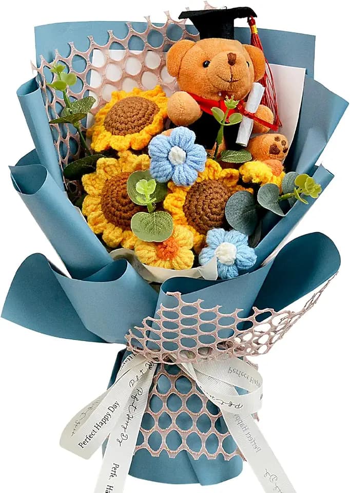 Graduation Gifts Crochet Flower Bouquet, Knitted Rose Bear Graduations Gift