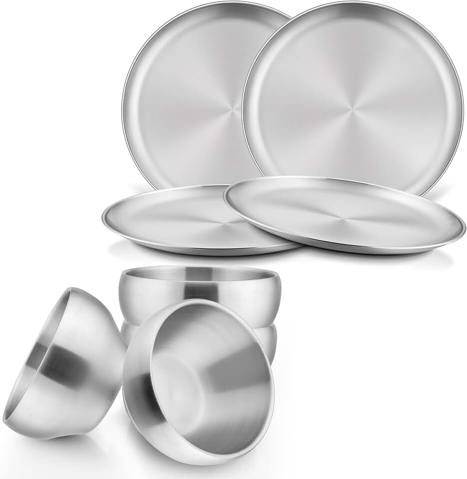 HaWare Kids Plates and Bowls, 8 Pieces Stainless Steel Dish Set, Reusable
