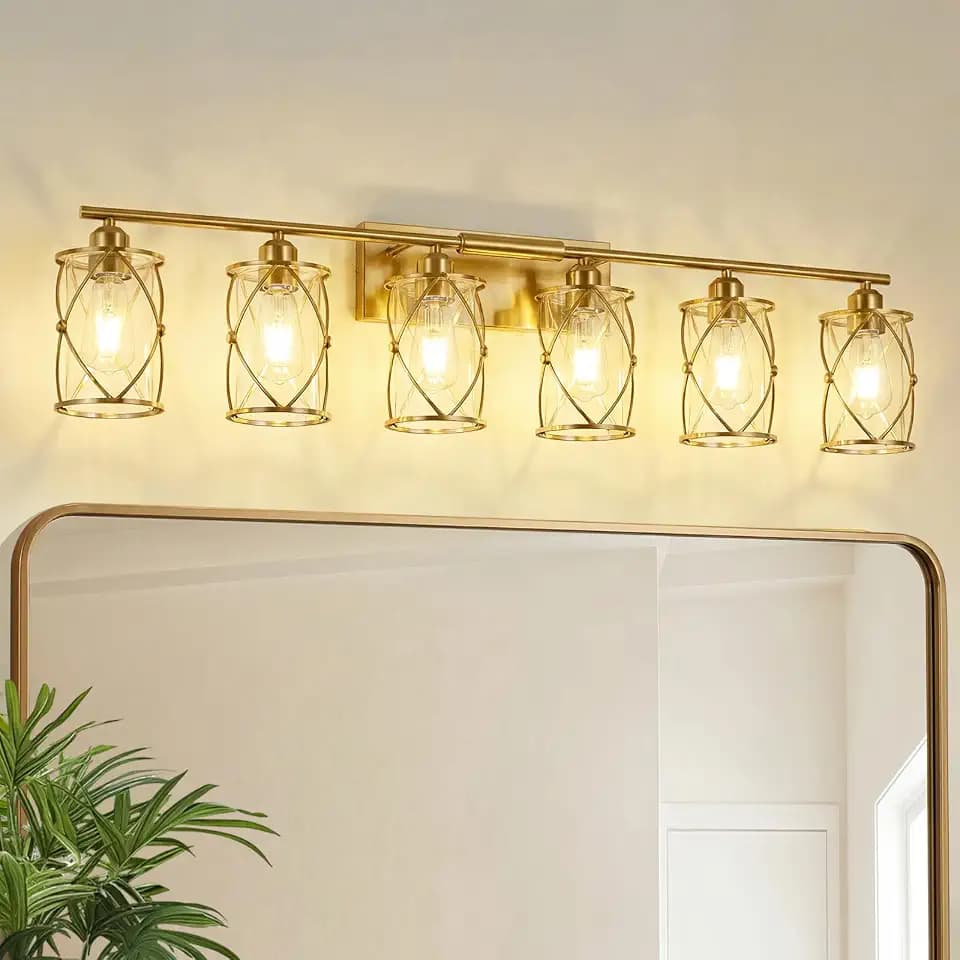 6-Light Brushed Gold Bathroom Light Fixtures Over Mirror, 42" UL-Listed Modern Wall Sconce Lights with Clear Glass and Metal Cage for Bath, Hardwire E26, CH9176BG-6W
