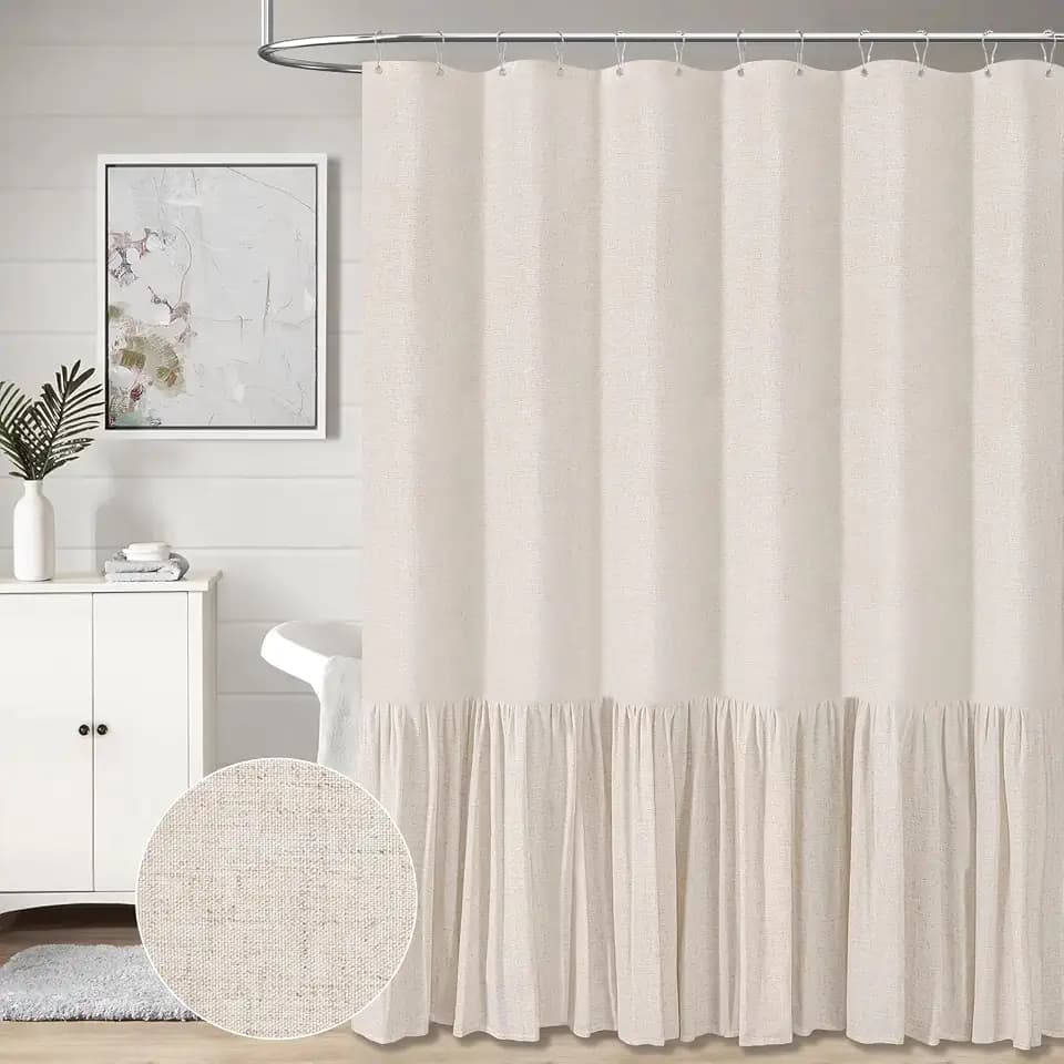 BTTN Extra Long Linen Ruffle Farmhouse Shower Curtain, 72x90, Beige/Cream