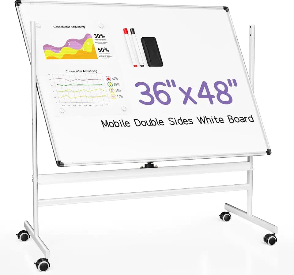 VUSIGN Double Sided Mobile Whiteboard 48" x 36", Rolling Magnetic Dry Erase Board with Stand, Whiteboard on Wheels with Lockable Casters, Flip White Board for Office, Classroom, Home, School