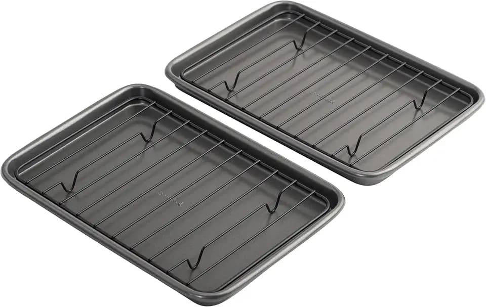 GoodCook Set of 2 Nonstick Steel 9" x 6" Toaster Oven Mini Baking Sheets with Racks, Gray