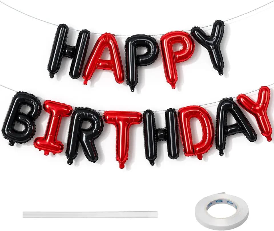 Happy Birthday Banner - 16 Inch Foil Red and Black Balloons, Self Inflating Letter Balloons for Boys Girls Party Decorations Supplies