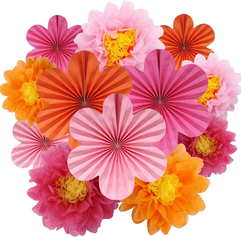 BestoFun 12PCS Paper Flowers Fans Orange and Hot Pink Party Decorations Tissue Paper Flowers Decorations for Girl Groovy Birthday Baby Shower Wedding Bachelorette Room Wall Hanging Décor