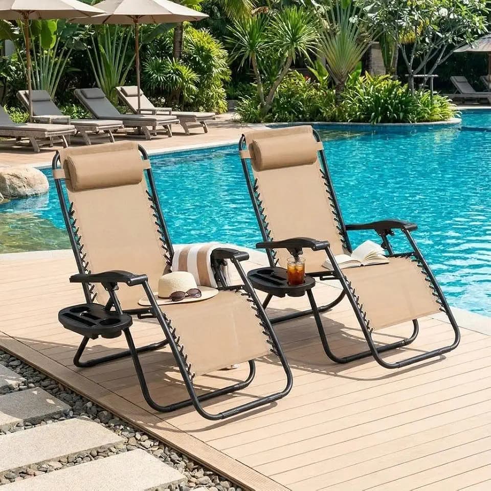 Garvee Camping Chairs Set of 2, Patio Lounge Chair Outdoor with Pillows & Cup Holder Trays, Adjustable Folding Patio Lawn Chair for Deck,Beach, Yard Khaki