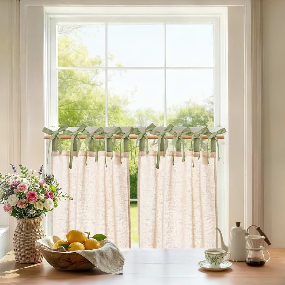 jinchan Crude Linen Kitchen Tier Curtains 24 Inches Green Tie Top 2 Panles