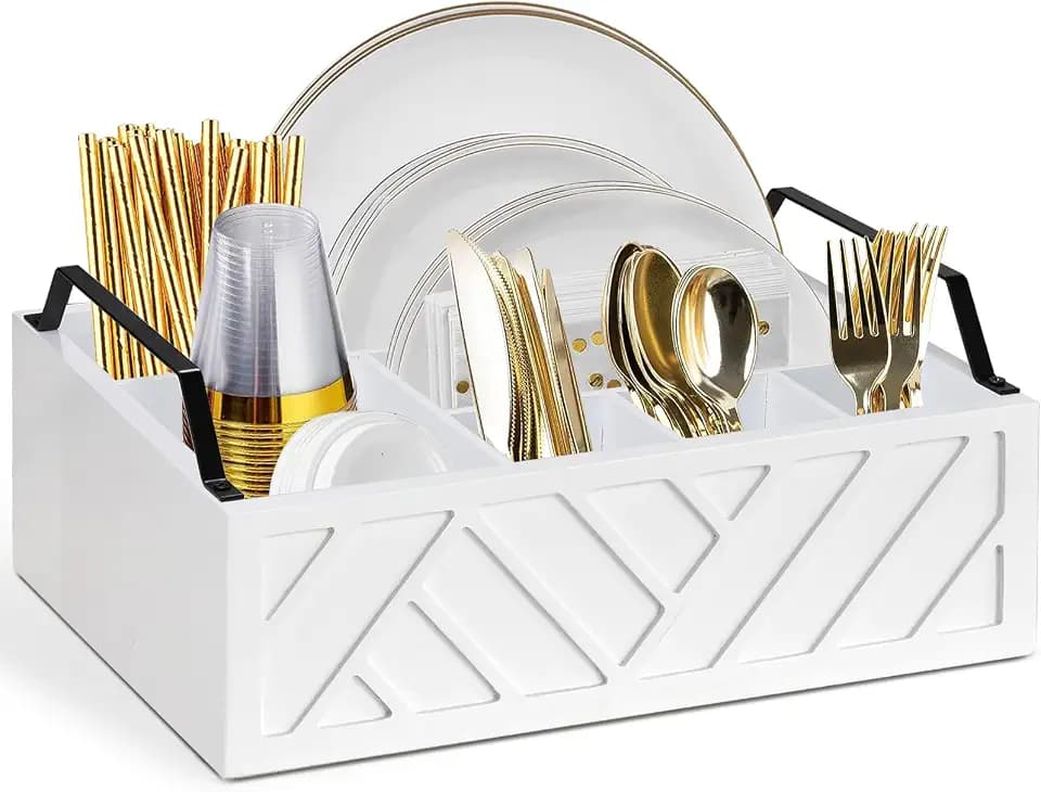 Ukonvi Paper Plate Dispenser and Holder for Kitchen Counter, Wood Rustic Silverware Utensil Caddy, Cutlery Flatware Organizer Box for Cups Spoons Forks Napkins, Kitchen Accessories