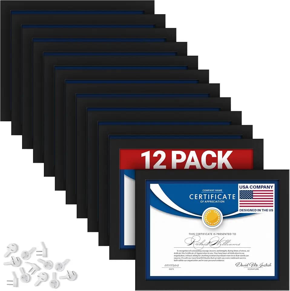 8.5x11 Diploma Frames, Black, 12 Pack, Sturdy Wood Composite Frame