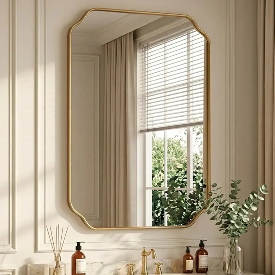 32"x24" Gold Bathroom Wall Mirror, Scalloped Edge Vanity Mirror