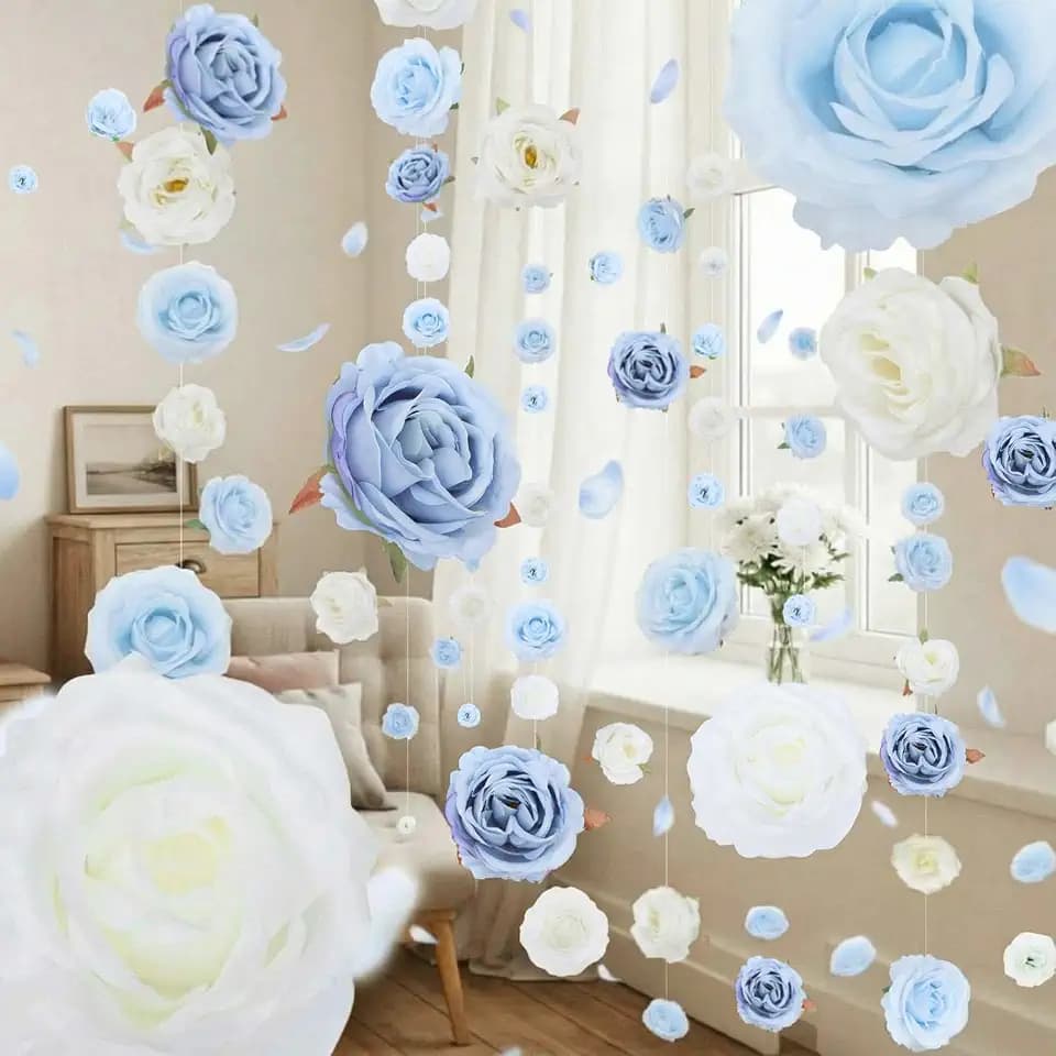Norme 12 Pcs Rose Garland Hanging Vines with Hooks Decor, Blue and White