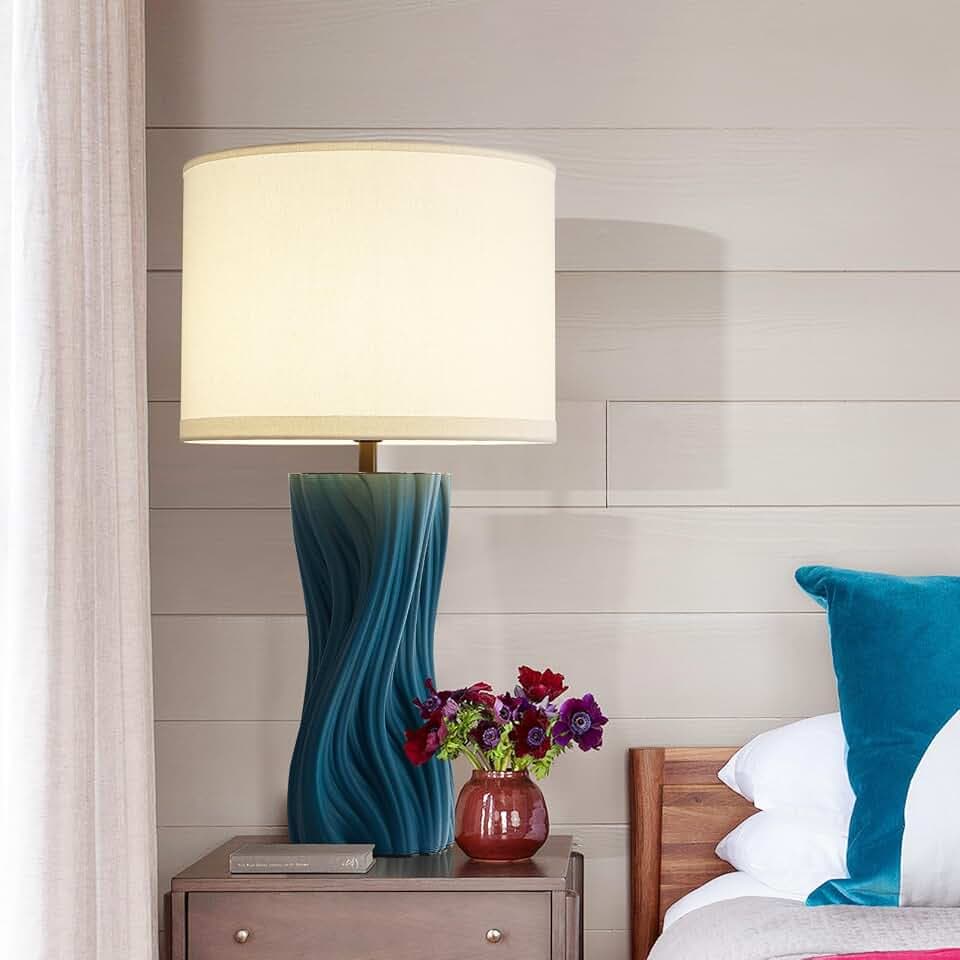 Modern Plug in Textured Table Lamps 21.5In Blue Ceramic Table Lamp Bedroom