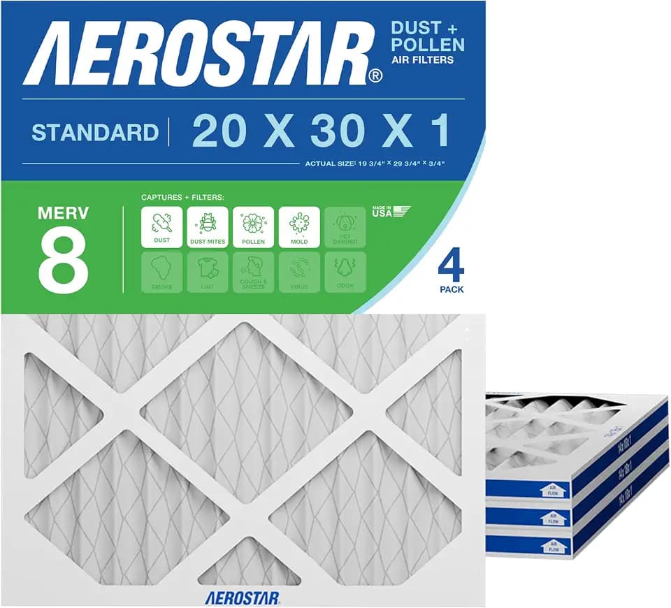Aerostar Air Filter 20x30x1 MERV 8 AC Filter, HVAC, Furnace Filter, 4 Pack