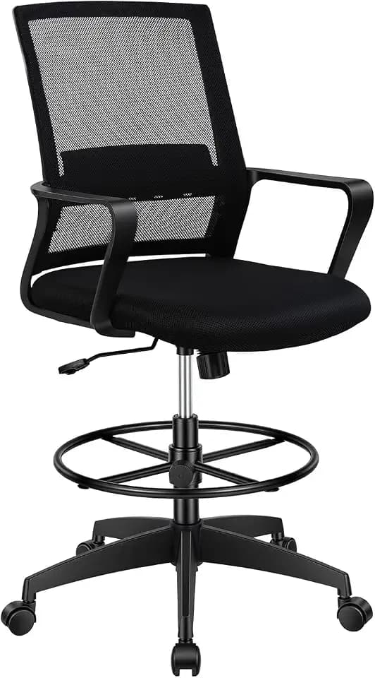 BestOffice Drafting Chair Tall Office Chair Adjustable Swivel Rolling Mesh Height with Lumbar Support Arms Footrest Mid Back for Adults Standing Desk Drafting Stool(Dark Black)