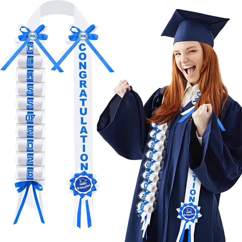 Lyrow Blue and White Graduation Money Lei Class of 2026 Ribbon Money Lei Graduation Cash Gift for Congrats Graduates Grad Leis with Cash Holder for Senior High School Party Supplies (Classic)