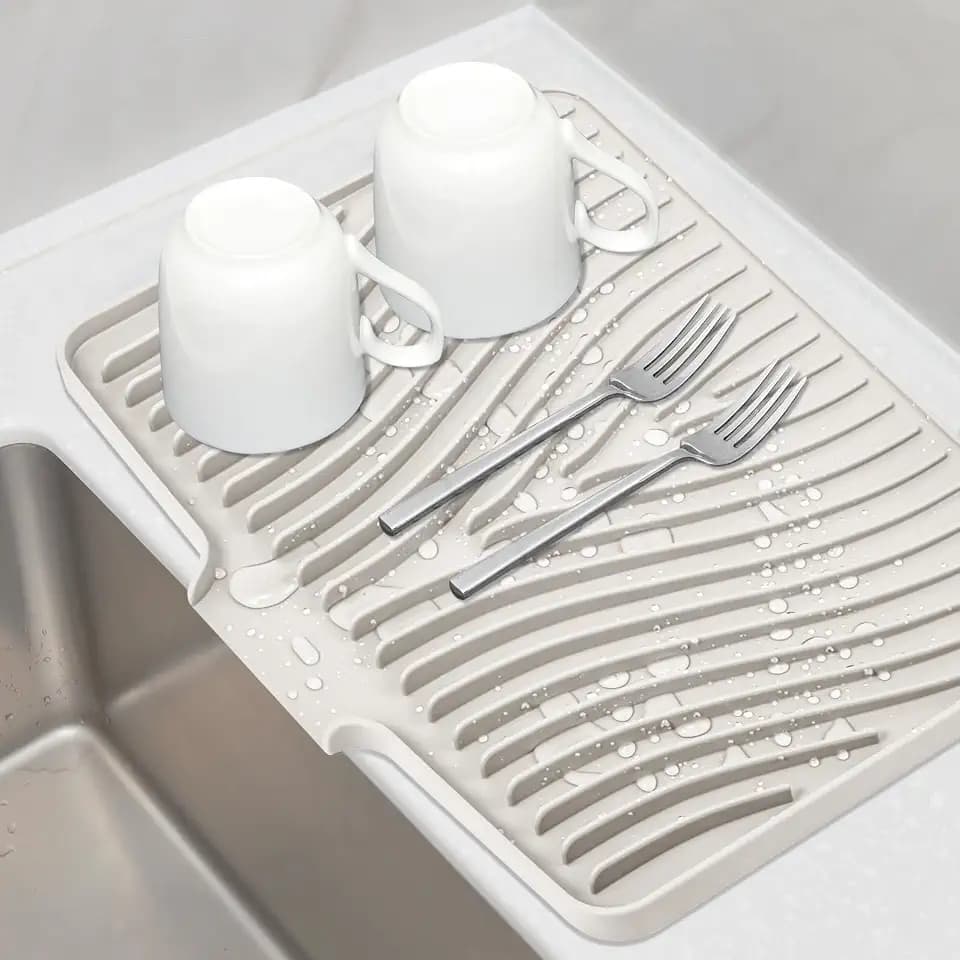 TIKNIK Silicone Dish Drying Mat for Kitchen Counter, Beige-1pcs, 16" x 12"