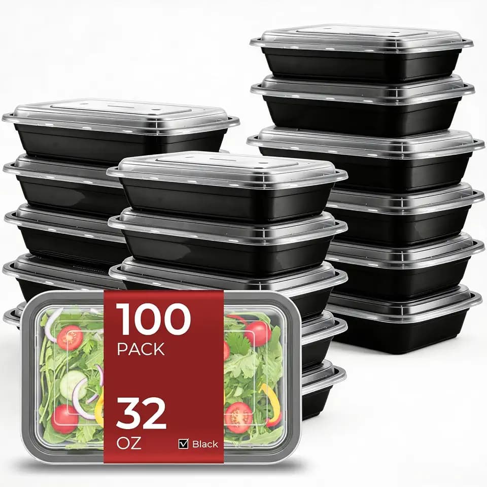 100 Pack (200-Piece) 32 oz Meal Prep Containers with Lids Reusable Food Storage Containers Sturdy Leakproof To Go Plastic Takeout Containers for Microwave, Freezer, Dishwasher Safe