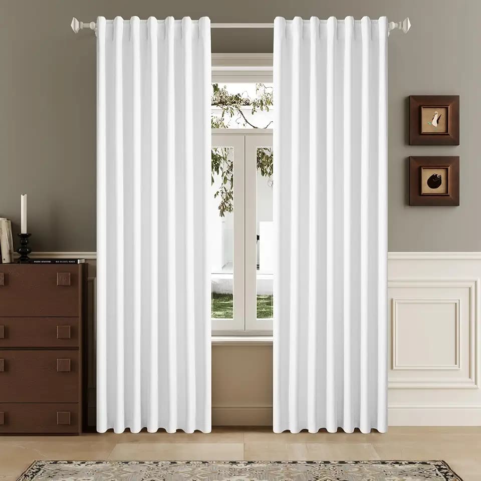 DUALIFE 90 Inch Blackout Pure White Curtains Boho, Thermal Insulated Curtains for Summer Heat for Bedroom Living Room Linen Pleated Drapes 90 Inches Long Rod Pocket(50W x 90L x 2 Panels)