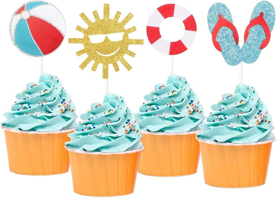 24Pcs Glitter Summer Beach Cupcake Toppers Pool Party Cupcake Picks For Hawaiian Theme Birthday Wedding Party Baby Shower Summer Luau Party Decoration Supplies