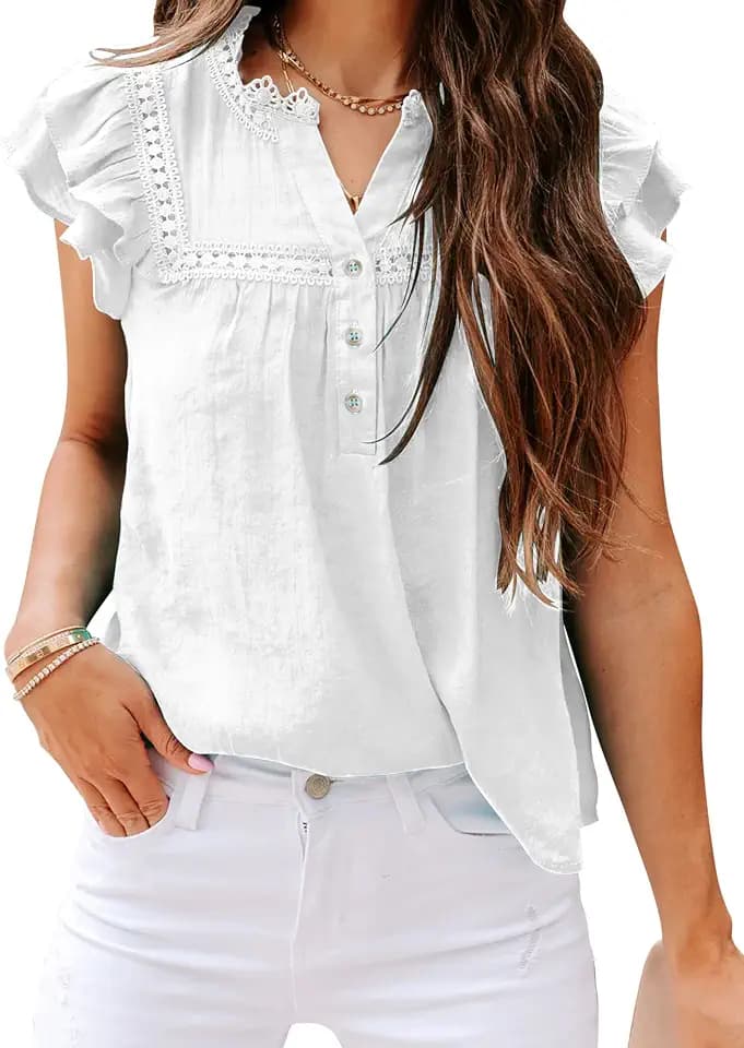 Women's V Neck Lace Crochet Shirts Button Down Short Sleeve Casual Blouse Tops