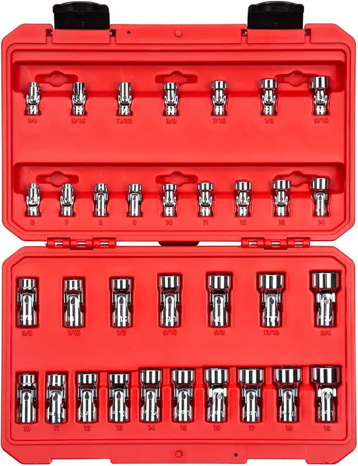 TEKTON 1/4, 3/8 Zoll Antrieb 6-Kant Universalgelenk-Steckschlüsselsatz mit Koffer, 33-teilig (1/4-3/4 Zoll, 6-19 mm) | SHD99301