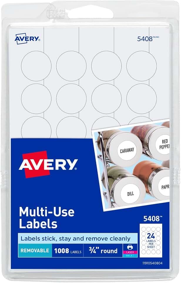 Avery® Removable Print or Write Labels for Laser and Inkjet Printers, 0.75 Inches, Round, Pack of 1008 (5408)