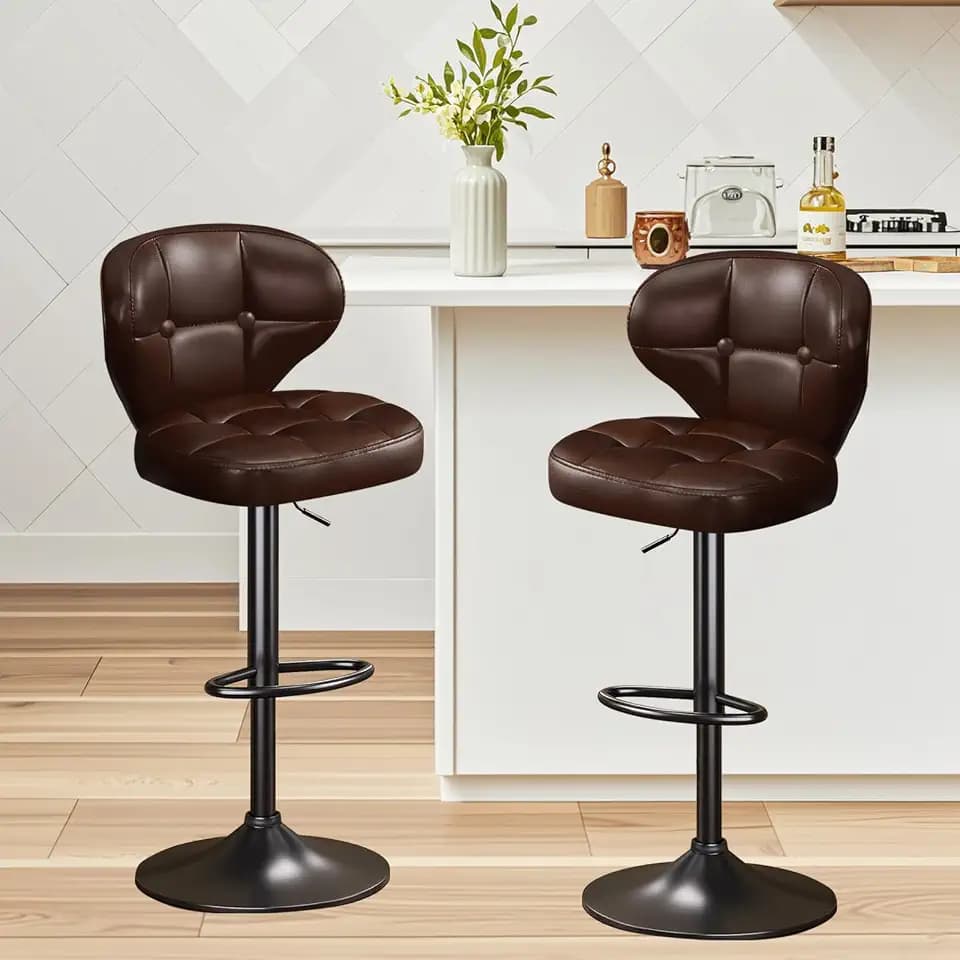 Bar Stools Set of 2, Adjustable Swivel Bar Chairs with 360° Rotation, Padded Counter Stools with Back and Footrest for Kitchen Island, Bistro, Cafe, and Home Use Brown-2pcs