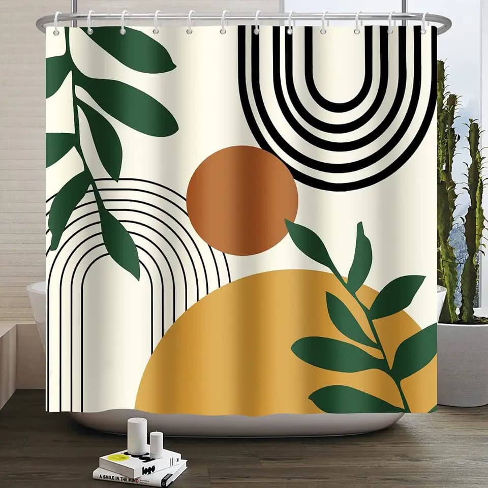 Boho Mid Century Shower Curtain Sun Leaves Modern Abstract Geometric Aesthetic Shower Curtains for Bathroom Bathtubs Waterproof Fabric Shower Curtain with Hooks 72x78 Inches
