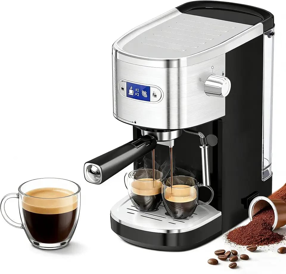 Electactic 20 Bar Espresso Machine, Stainless Steel Coffee Maker with LCD Display & Steam Wand, 45oz Water Tank, Dual Brewing for Espresso, Cappuccino, Latte - Home & Office Use, Black
