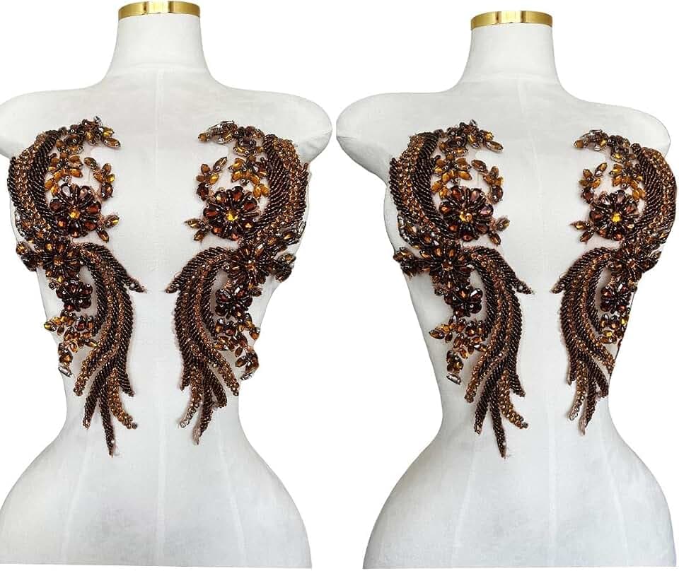 Handmade Rhinestones lace Trim Patches Handsewing Beads Bodice Applique for Dress DIY Accessories 1pair/Set (Coffee)