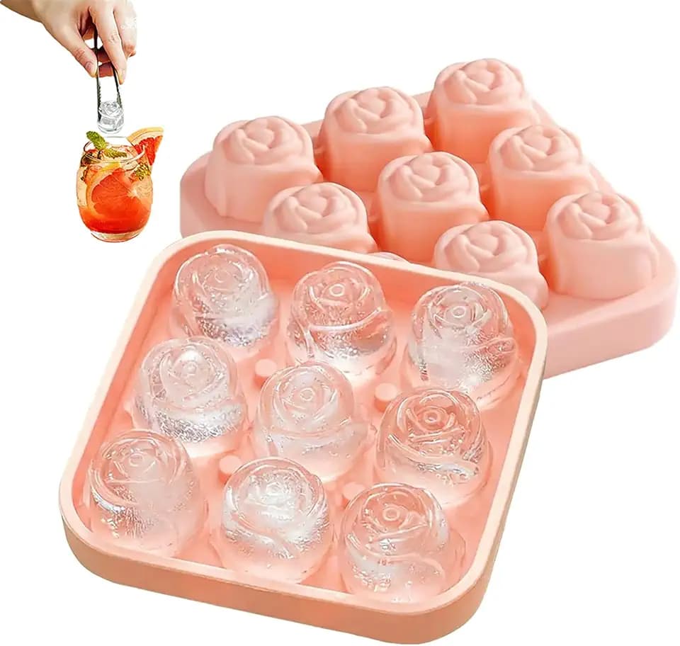 Rose Ice Cube Mold with Lid, Silicone Rose Ice Tray for Freezer, Make 9 Slow-Melting Rose Ice Balls for Cocktails Whiskey, Easy Release Flower Ice Mold, Pink