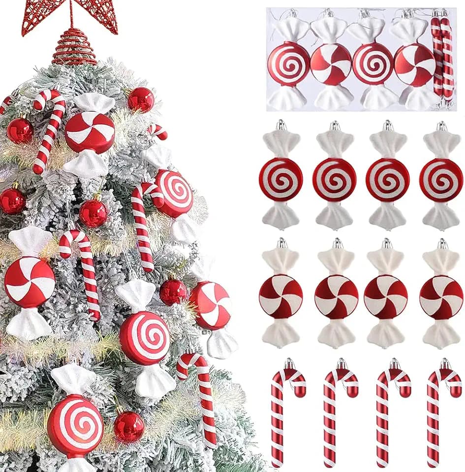 12 Pcs Christmas Candy Cane Ornaments,6.5 Inch Red White Assorted Shape