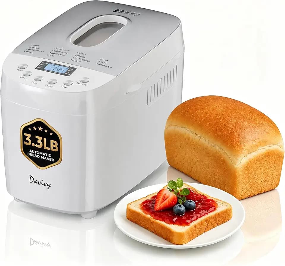 Davivy Bread Maker Machine with 2 Dough Kneading Paddles,15-in-1 Automatic Large Capacity Bread Machine Nonstick Bowl For Bread, Jam& Yogurt, 3 Loaf Sizes and 3 Crust Settings