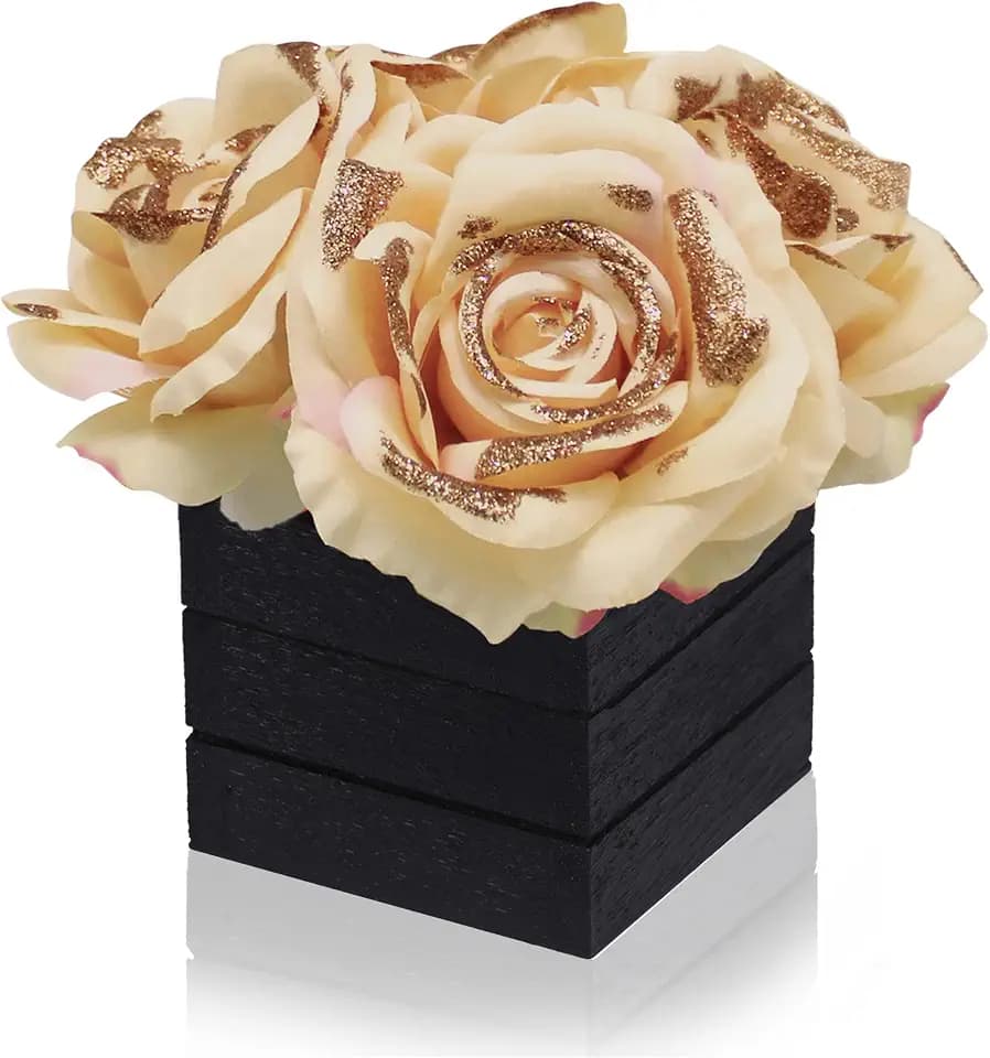 CVHOMEDECO. Artificial Champagne Roses with Wooden Vase Silk Champagne Glitter Rose in Black Wood Box for Home Decor. Idea for Wife, Him or Her, Valentines Day Mother's Day Birthday Love Gifts.