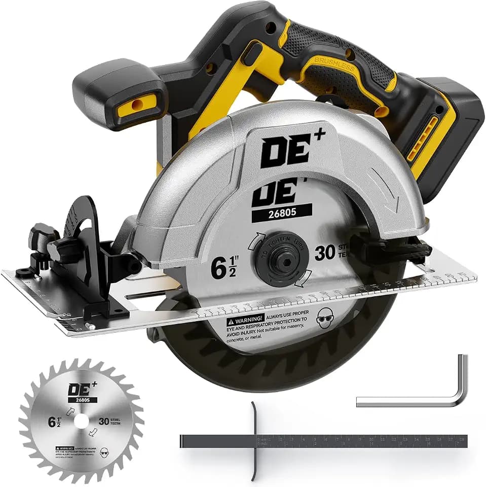 Brushless 6-1/2 Inch Circular Saw, for DeWalt 20V Max Battery, 8000 RPM, 6.2 Lbs, Cuts 2-1/5" at 90°, 0-90° Bevel, with Rip Guide & Hex Wrench for Wood