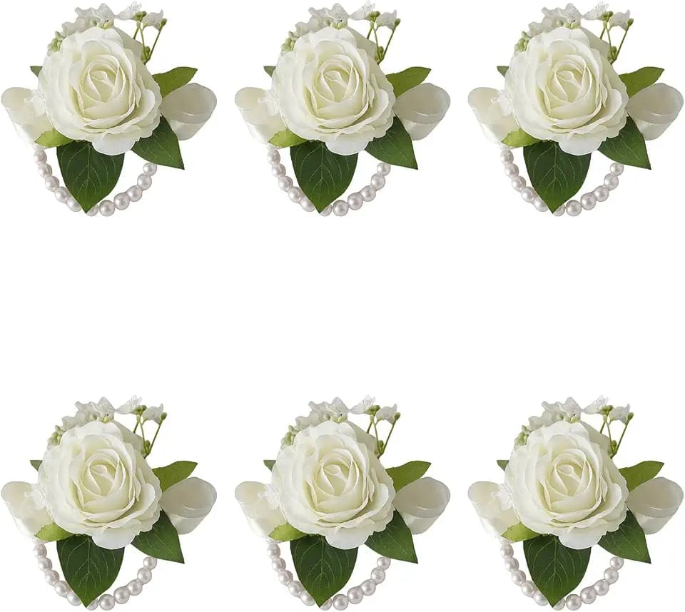 6Pcs Ivory White Faux Rose Wrist Corsages for Wedding, Dance Party
