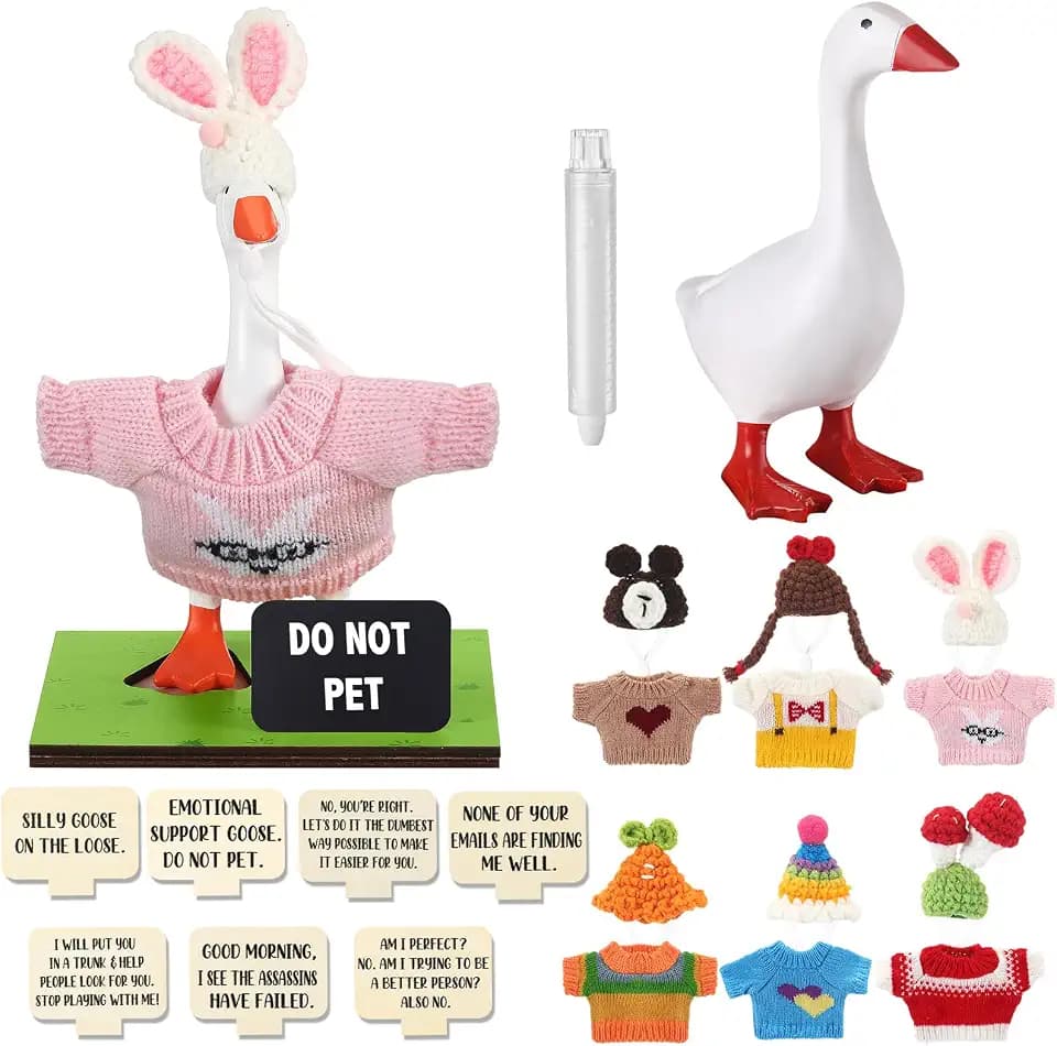 RattanView 23 Pcs Magnetic Resin Goose Statue Goose Outfits with Mini Knitted Outfit Writable Interchangeable Sign Chalk for Valentine Day Gift New Apartment House Warming Office Table Desk Home Decor