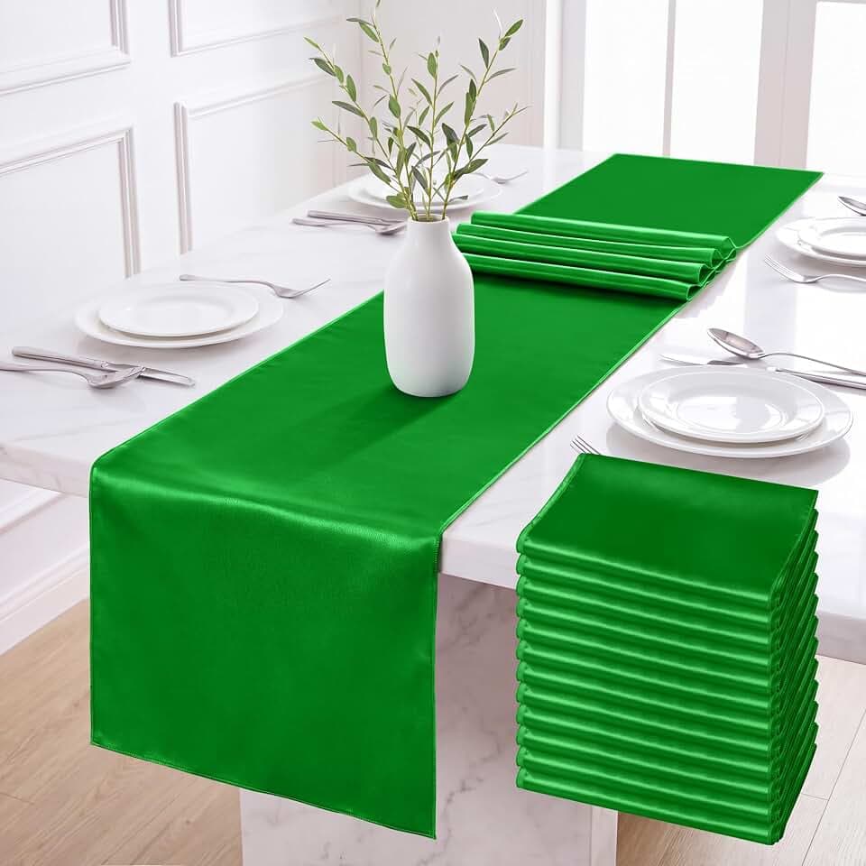 Aneco Satin 12 Pack Table Runner 12 x 108 Inch Emerald Long Wedding Satin Silk Table Runner for Wedding Banquet Graduations Birthday Party Decoration