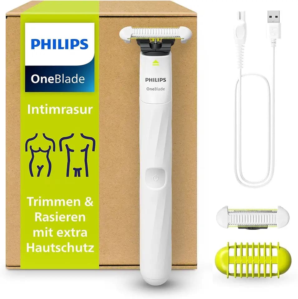 Philips OneBlade Intimate, Intimrasur, Trimmen & Rasieren mit extra Hautschutz, Für eine gründliche und angenehme Rasur – ohne komplett glatt zu rasieren, Modell QP1924/30