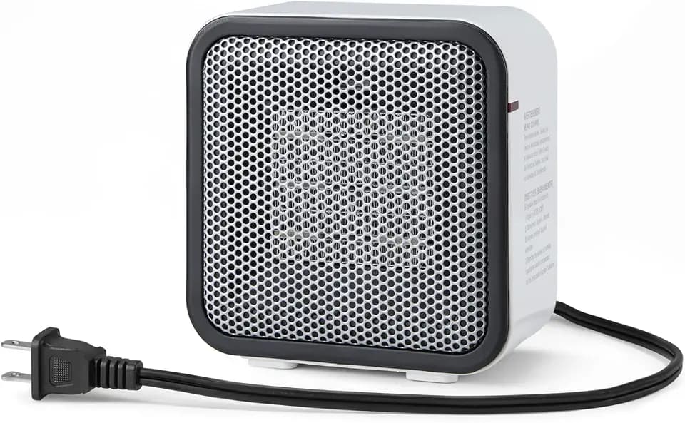Amazon Basics Ceramic Space Heater, Portable Mini Heater for Office Desk, Fast Heating, Efficient, Indoor Use, 500W, With Tip-Over Protection, Lightweight 1.4 lbs, White, 5.9"D x 3.2"W x 6"H