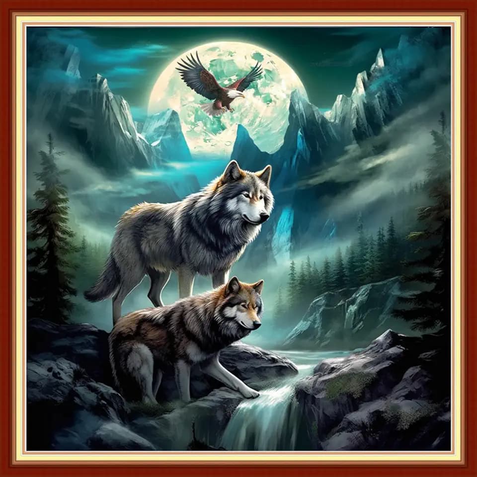 Redxing Stamped Cross Stitch Kits - Beach Night Landscape Counted Cross Stitch Kits for Beginners Adults Needlepoint Cross-Stitch Patterns-Eagle Wolf 18x18 inchs