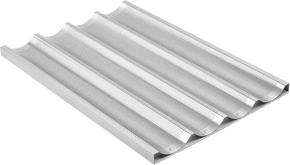 Restaurantware Baguette Pan 6 Pack of 25.9 x 17.9 x 1.1 Inches 4-Loaf Compartments Aluminum Artisan Bread Baking Tray Perforated Metal Loaf Baking Tray Silver