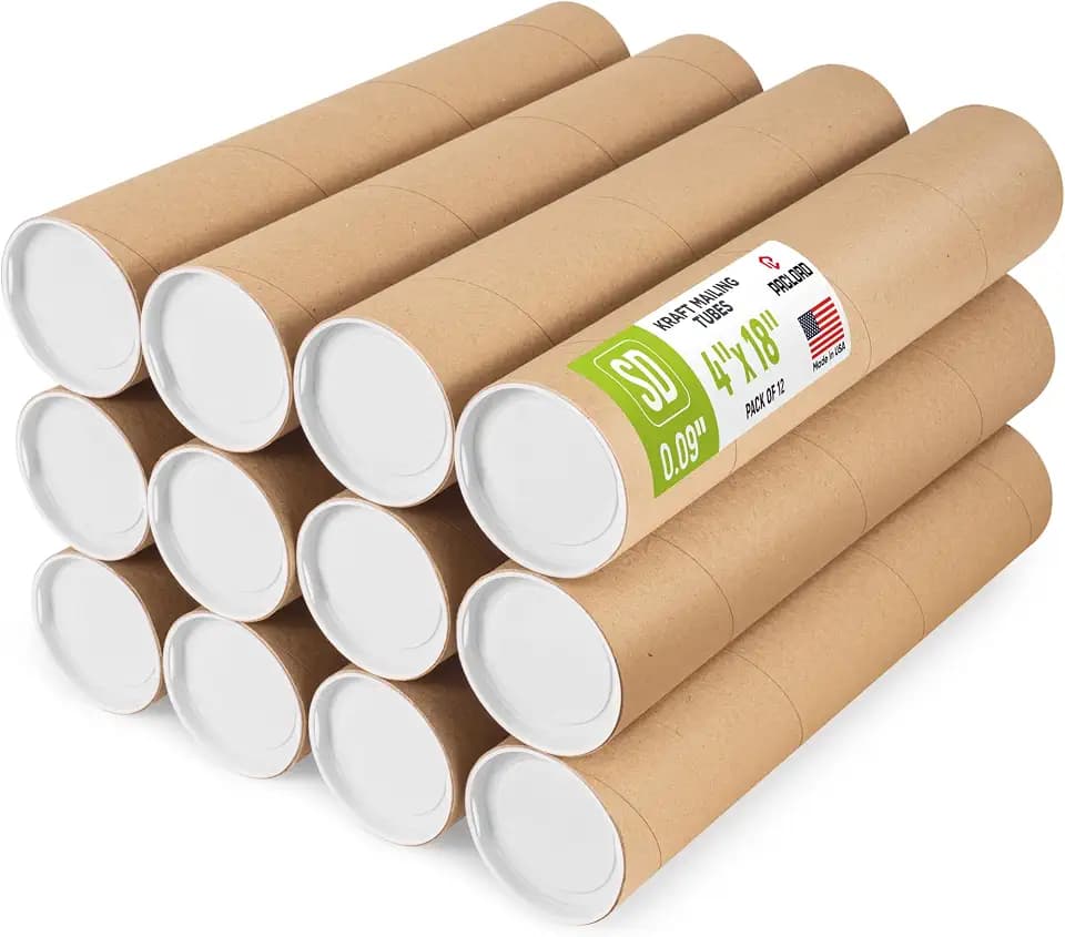 4" x 18" Made in USA Reinforced Kraft Paper Mailing Tube, 12 Tubes, 24 Caps