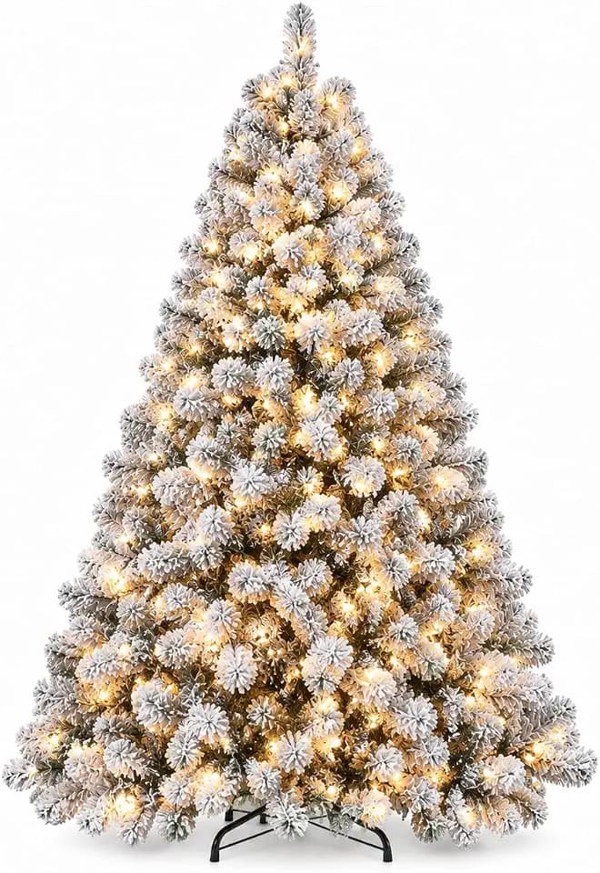 Garvee 9FT Christmas Tree, Prelit Artificial Christmas Tree with 900 Warm White Lights, Realistic Flocked Material, Metal Hinges, Foldable Stand, on/Off Foot Pedal, Holiday Decoration, Green & White